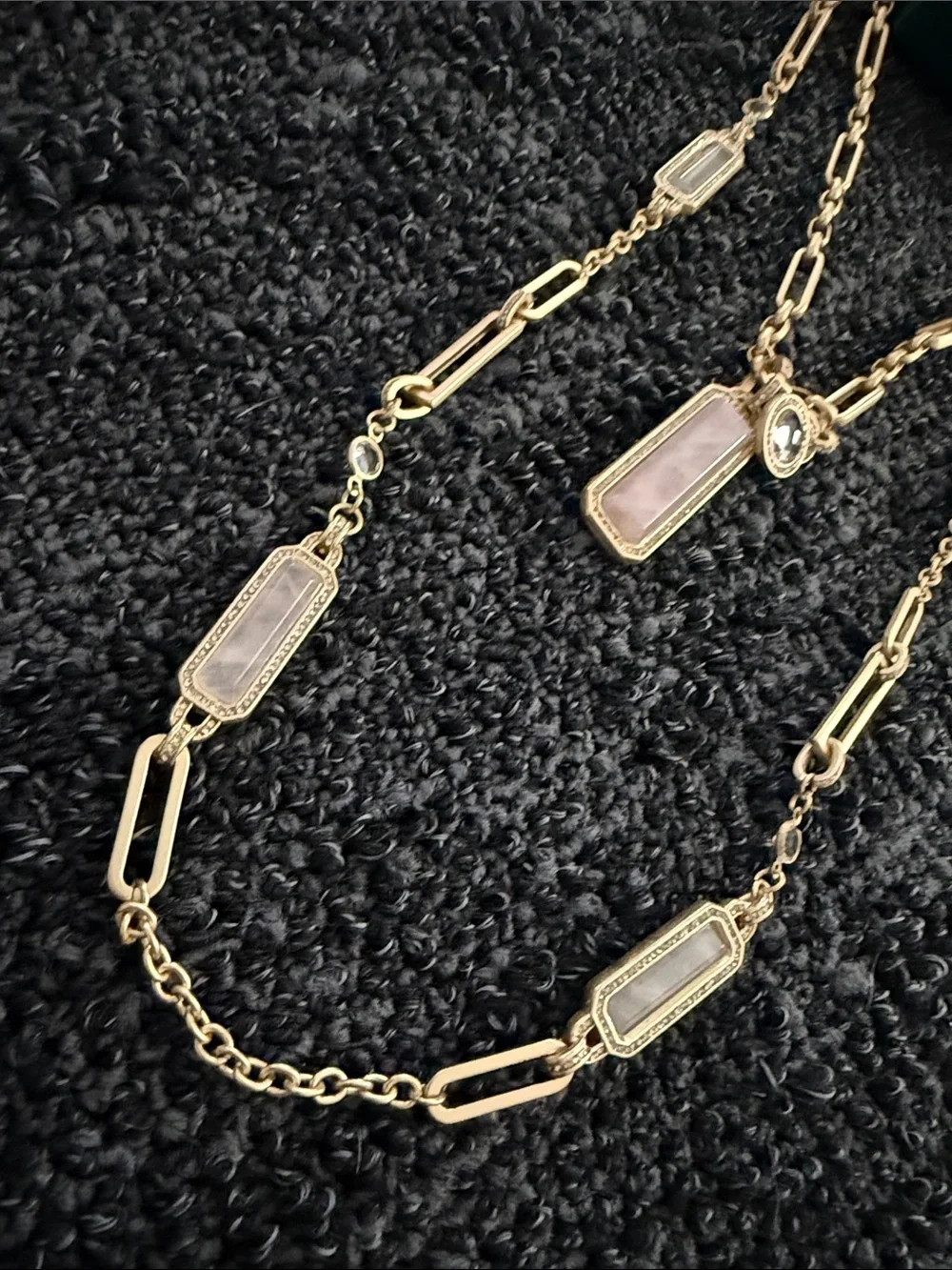 Fashion Jewelry Gold-Tone Layered Necklace with Pink Stone Charms